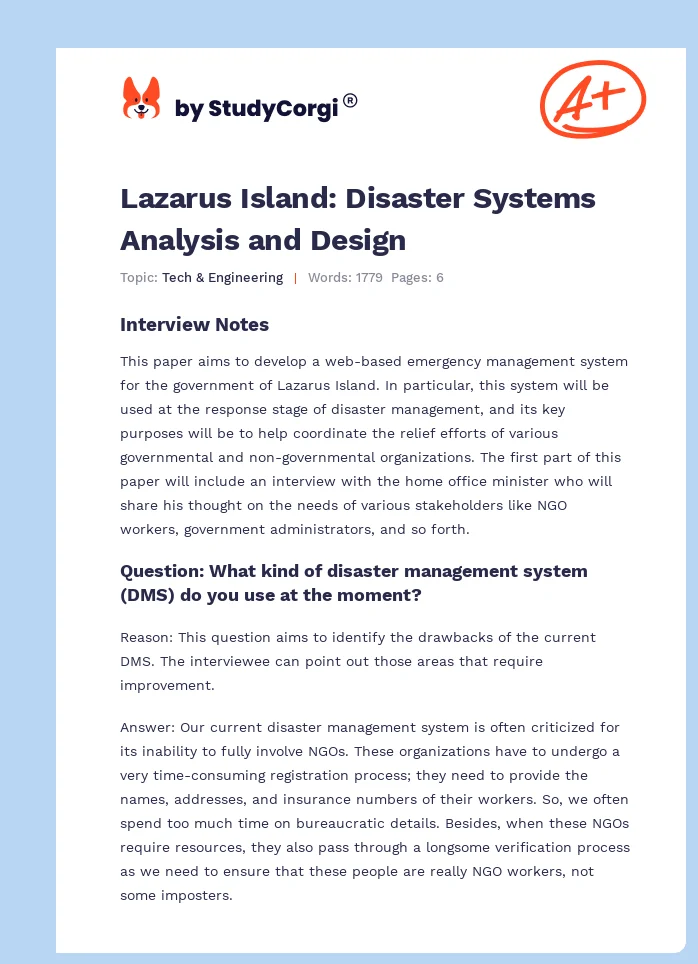 Lazarus Island: Disaster Systems Analysis and Design. Page 1