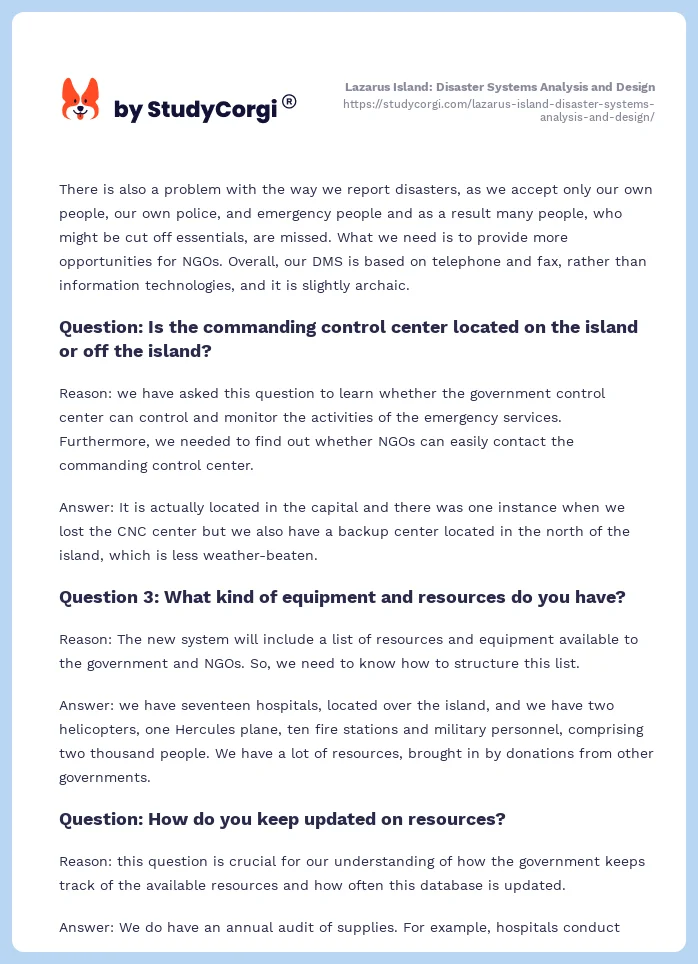 Lazarus Island: Disaster Systems Analysis and Design. Page 2