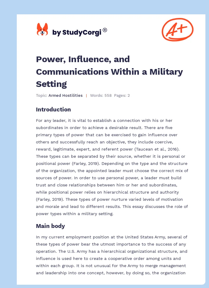 Power, Influence, and Communications Within a Military Setting. Page 1