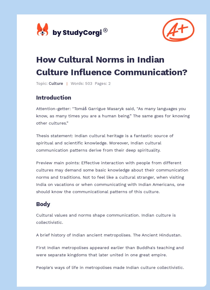 How Cultural Norms in Indian Culture Influence Communication?. Page 1
