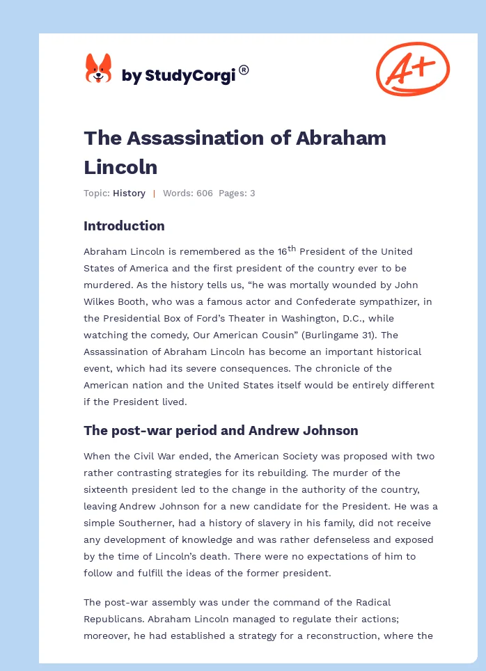 The Assassination of Abraham Lincoln. Page 1