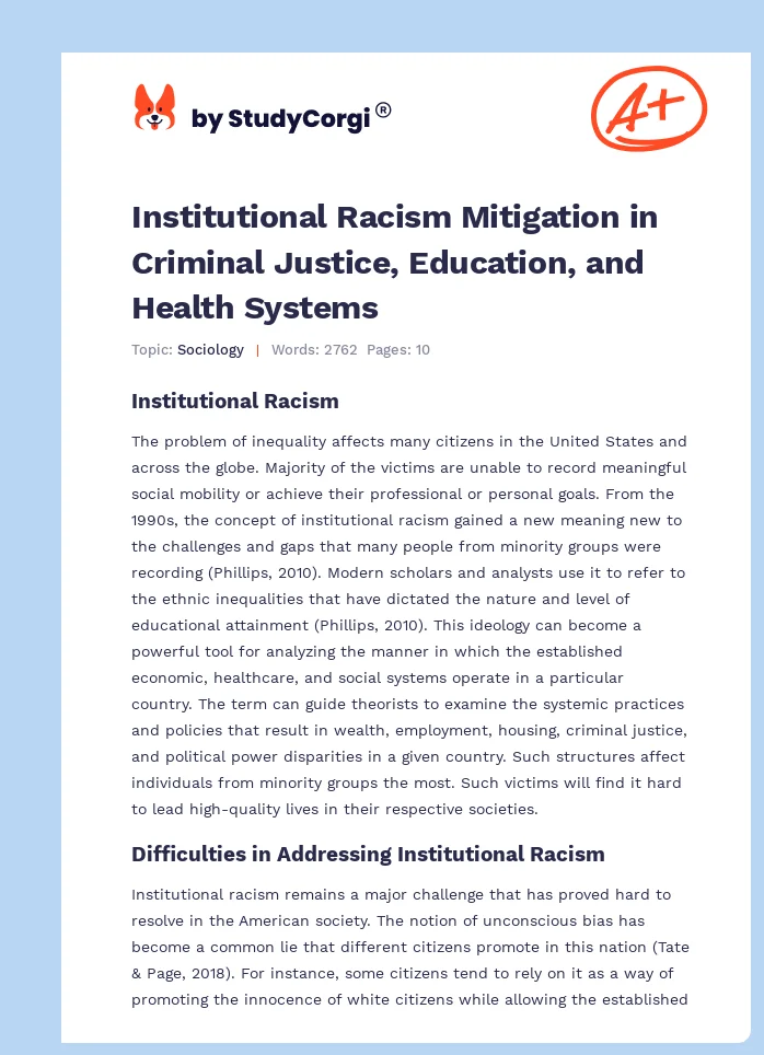 Institutional Racism Mitigation in Criminal Justice, Education, and Health Systems. Page 1