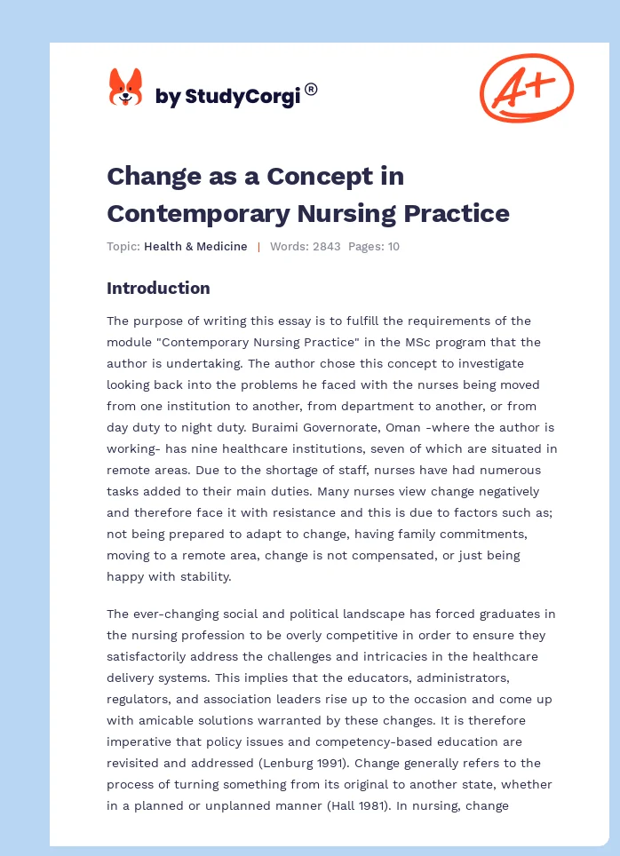 Change as a Concept in Contemporary Nursing Practice. Page 1