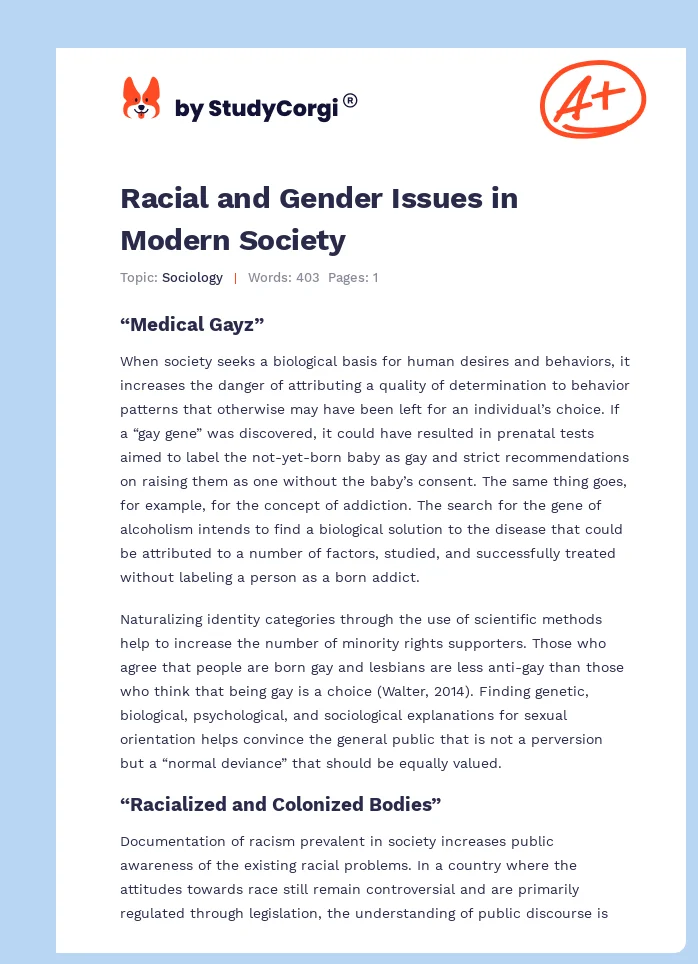 Racial and Gender Issues in Modern Society. Page 1