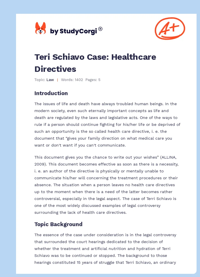 Teri Schiavo Case: Healthcare Directives. Page 1
