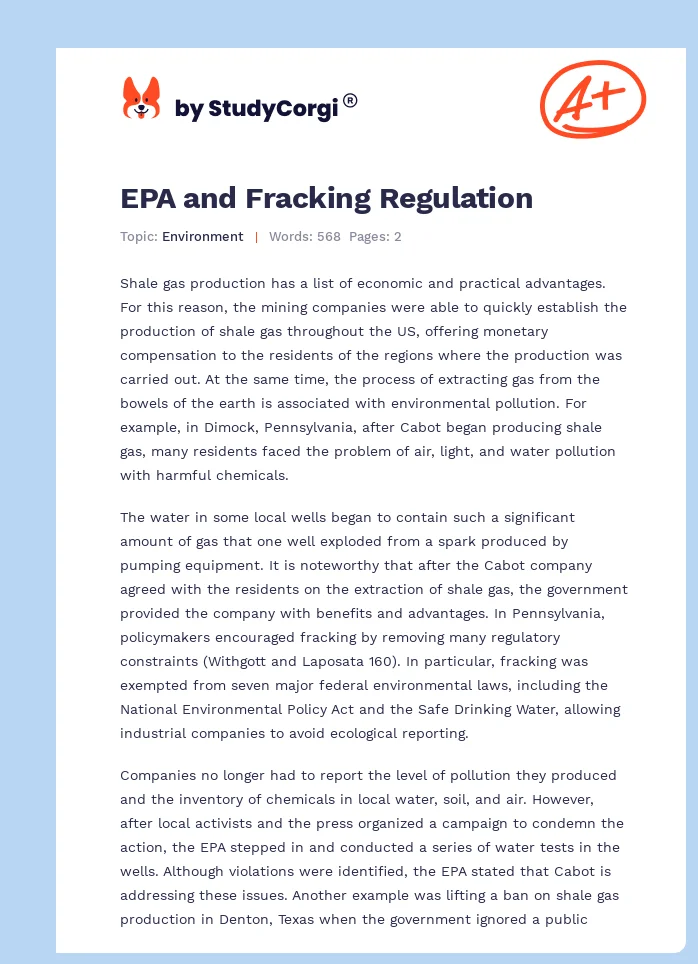 EPA and Fracking Regulation. Page 1