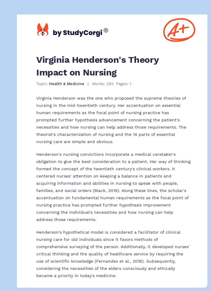 Virginia Henderson's Theory Impact on Nursing. Page 1