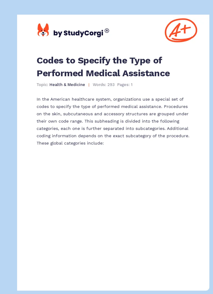 Codes to Specify the Type of Performed Medical Assistance. Page 1