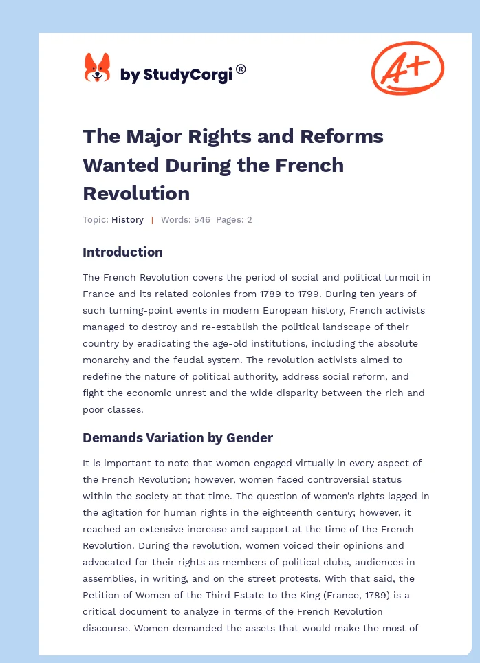 The Major Rights and Reforms Wanted During the French Revolution. Page 1
