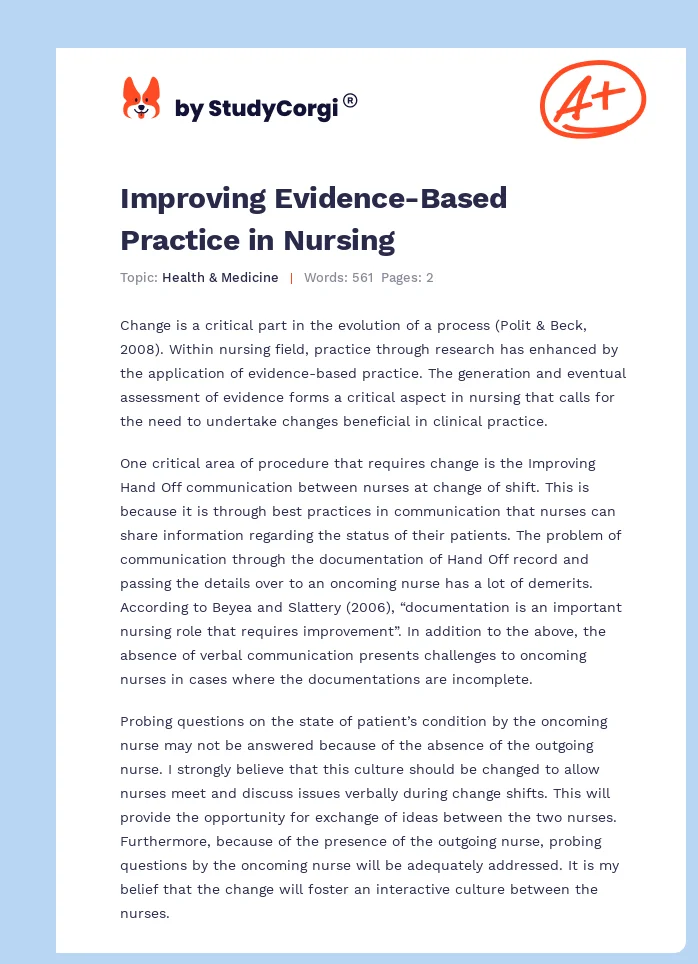 Improving Evidence-Based Practice in Nursing. Page 1