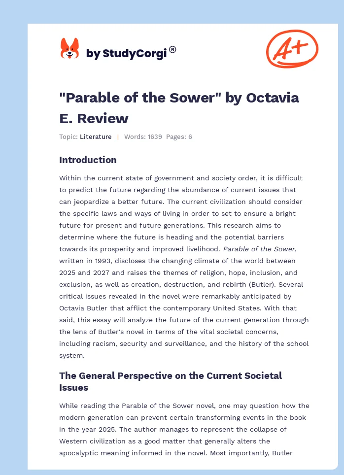 "Parable of the Sower" by Octavia E. Review. Page 1