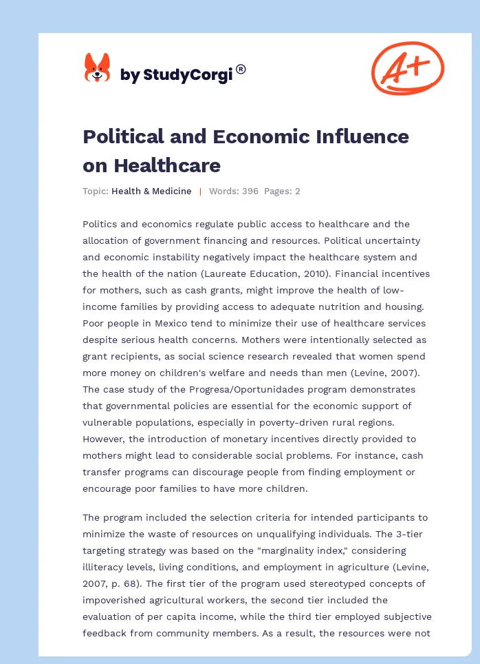 Political and Economic Influence on Healthcare. Page 1