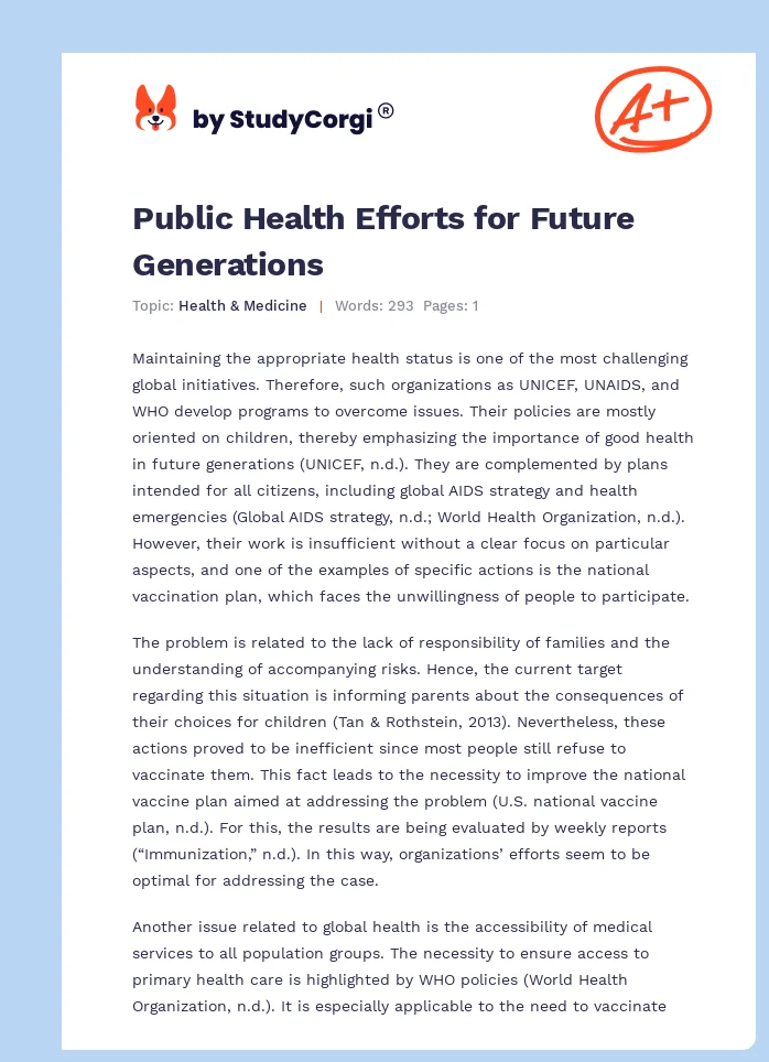 Public Health Efforts for Future Generations. Page 1
