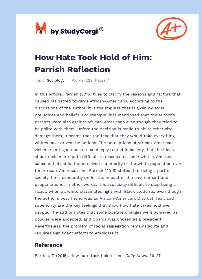 How Hate Took Hold of Him: Parrish Reflection. Page 1