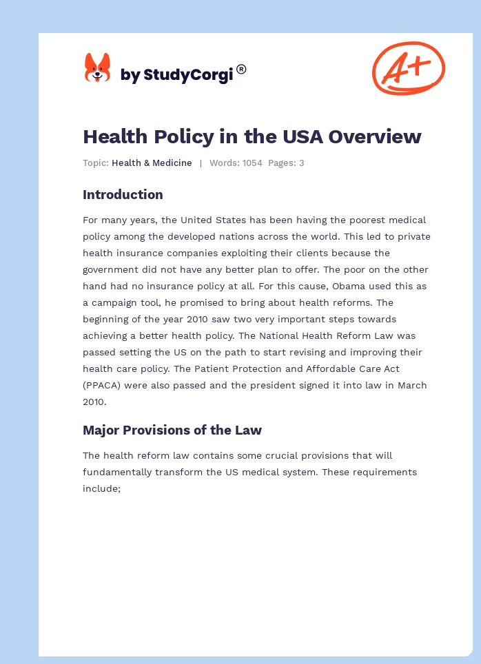 Health Policy in the USA Overview. Page 1
