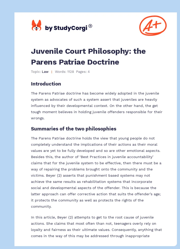 Juvenile Court Philosophy: the Parens Patriae Doctrine. Page 1