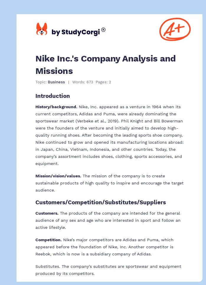 Nike Inc.'s Company Analysis and Missions. Page 1