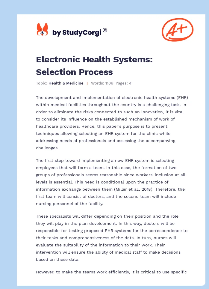 Electronic Health Systems: Selection Process. Page 1