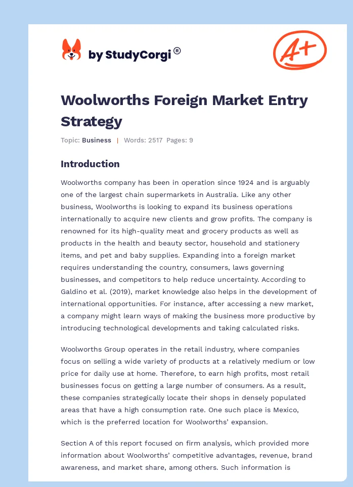 Woolworths Foreign Market Entry Strategy. Page 1