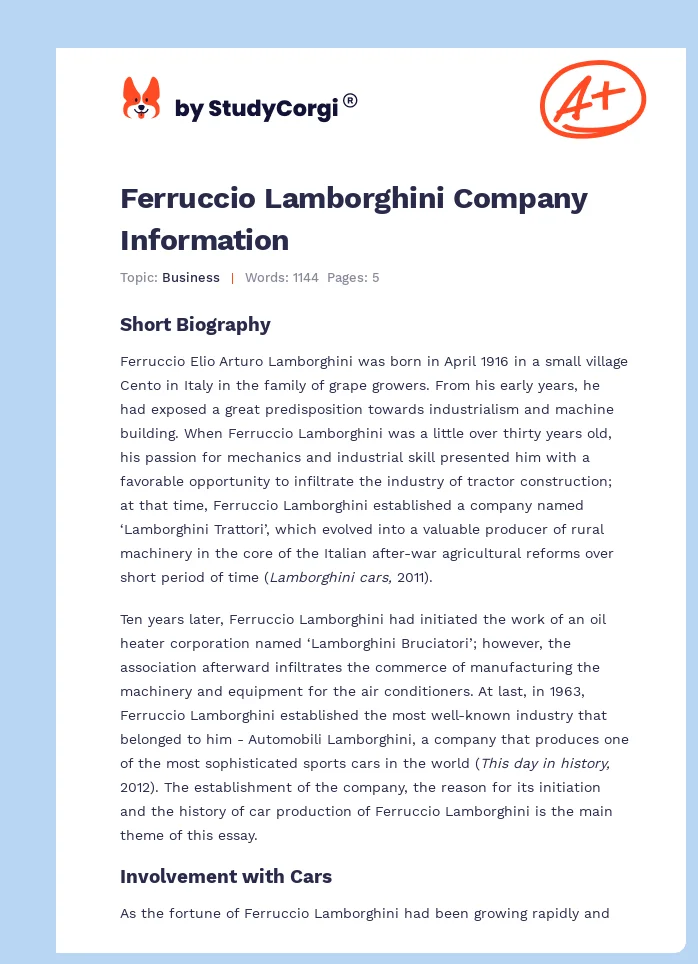 Ferruccio Lamborghini Company Information. Page 1