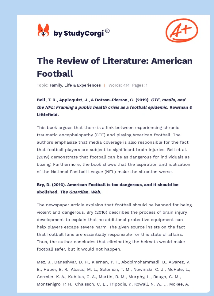 The Review of Literature: American Football. Page 1