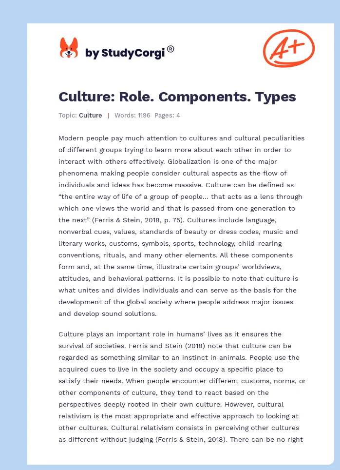 Culture: Role. Components. Types. Page 1