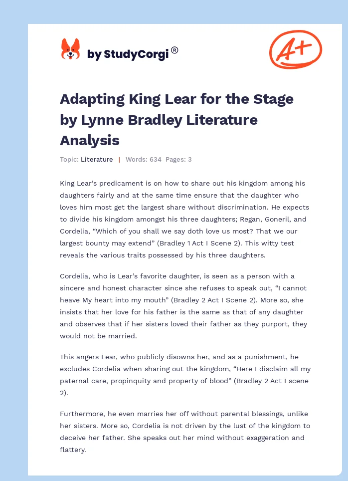 Adapting King Lear for the Stage by Lynne Bradley Literature Analysis. Page 1