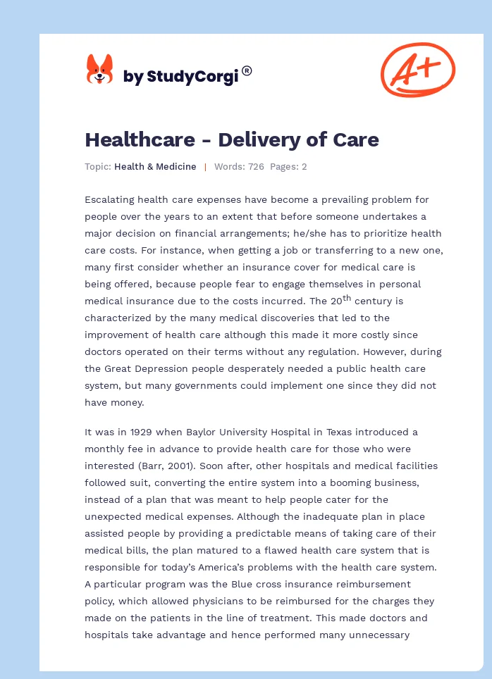 Healthcare - Delivery of Care. Page 1
