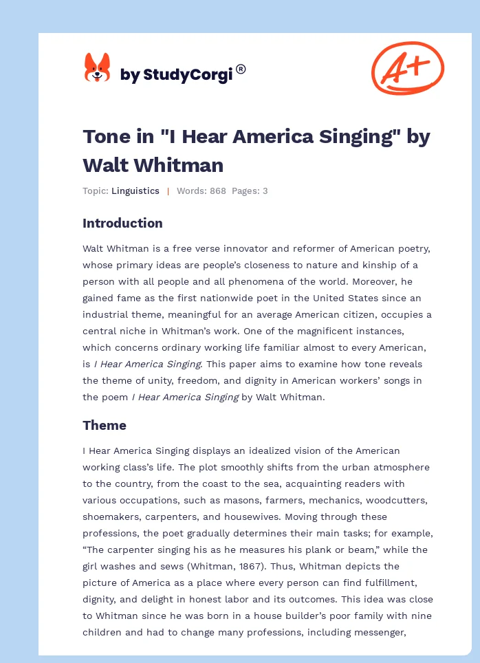 Tone in "I Hear America Singing" by Walt Whitman. Page 1