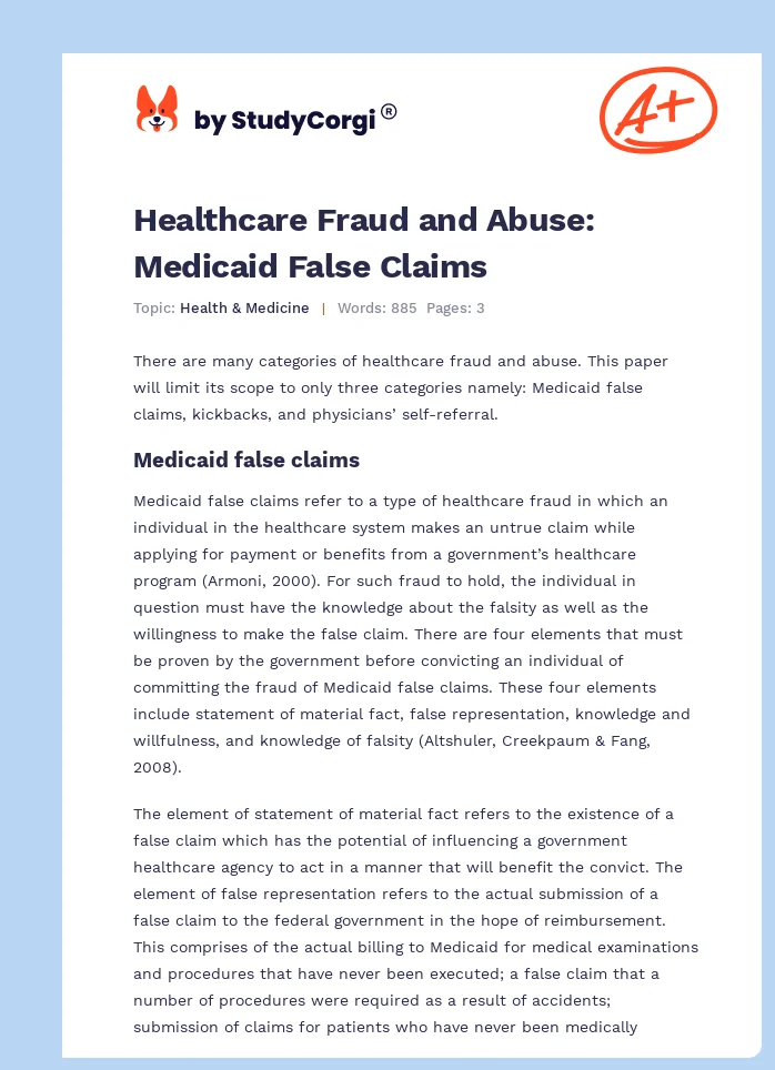 Healthcare Fraud and Abuse: Medicaid False Claims. Page 1