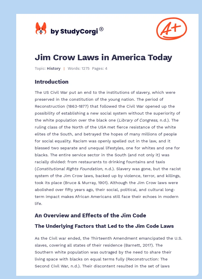 Jim Crow Laws in America Today. Page 1