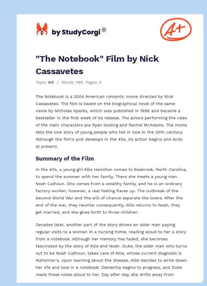 "The Notebook" Film by Nick Cassavetes. Page 1