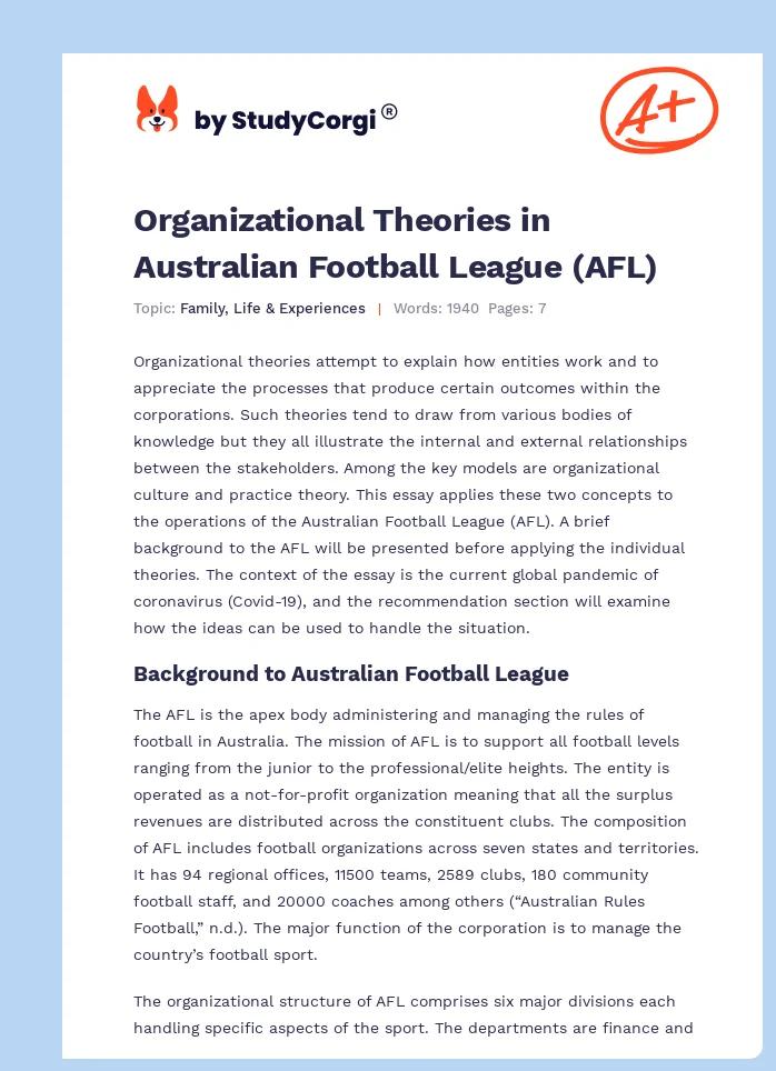 Organizational Theories in Australian Football League (AFL). Page 1