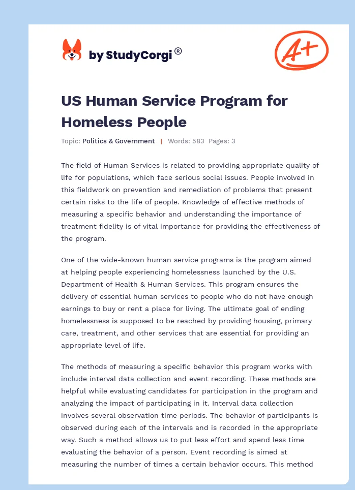 US Human Service Program for Homeless People. Page 1