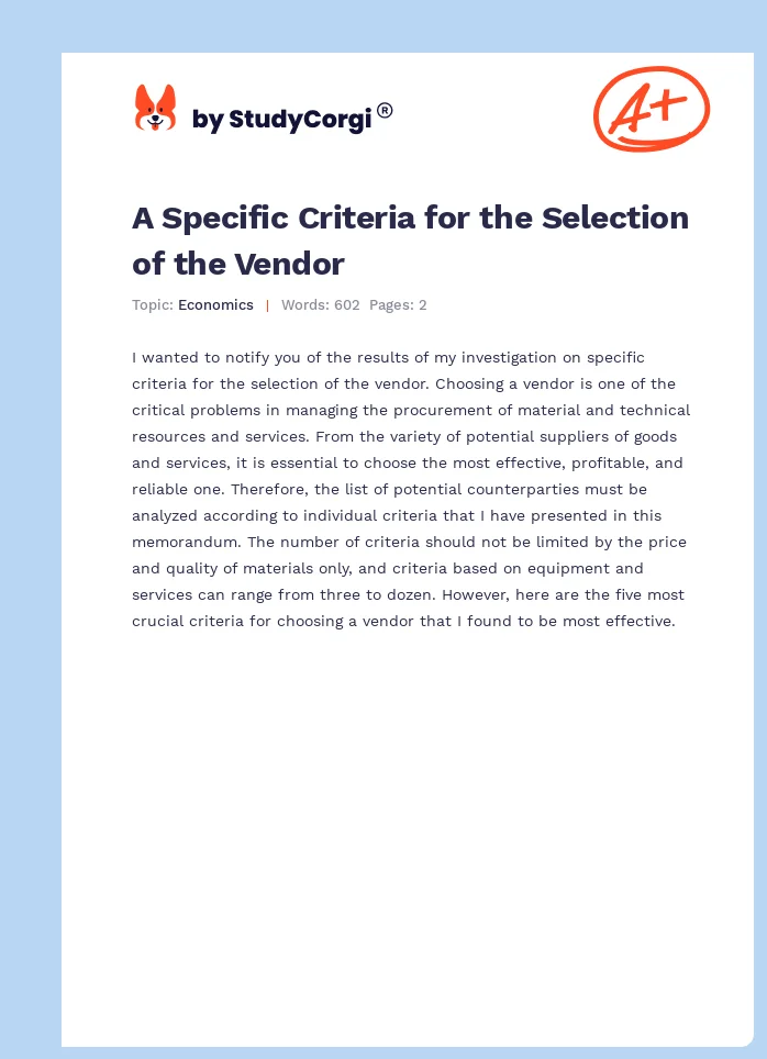 A Specific Criteria for the Selection of the Vendor. Page 1