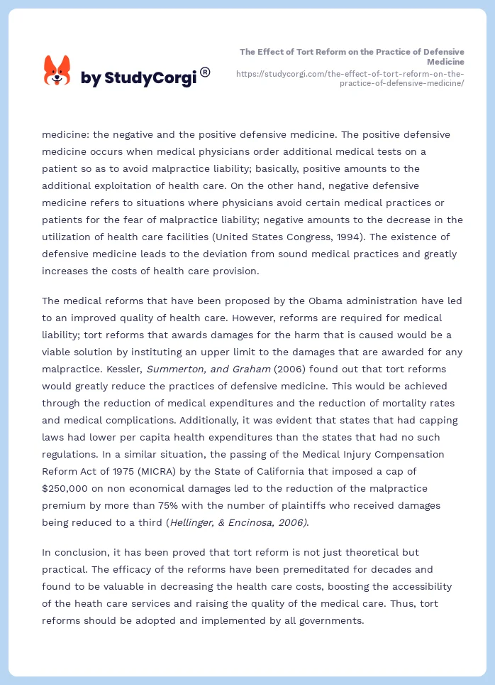 The Effect of Tort Reform on the Practice of Defensive Medicine. Page 2
