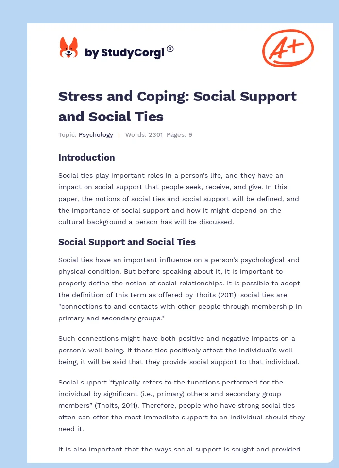Stress and Coping: Social Support and Social Ties. Page 1