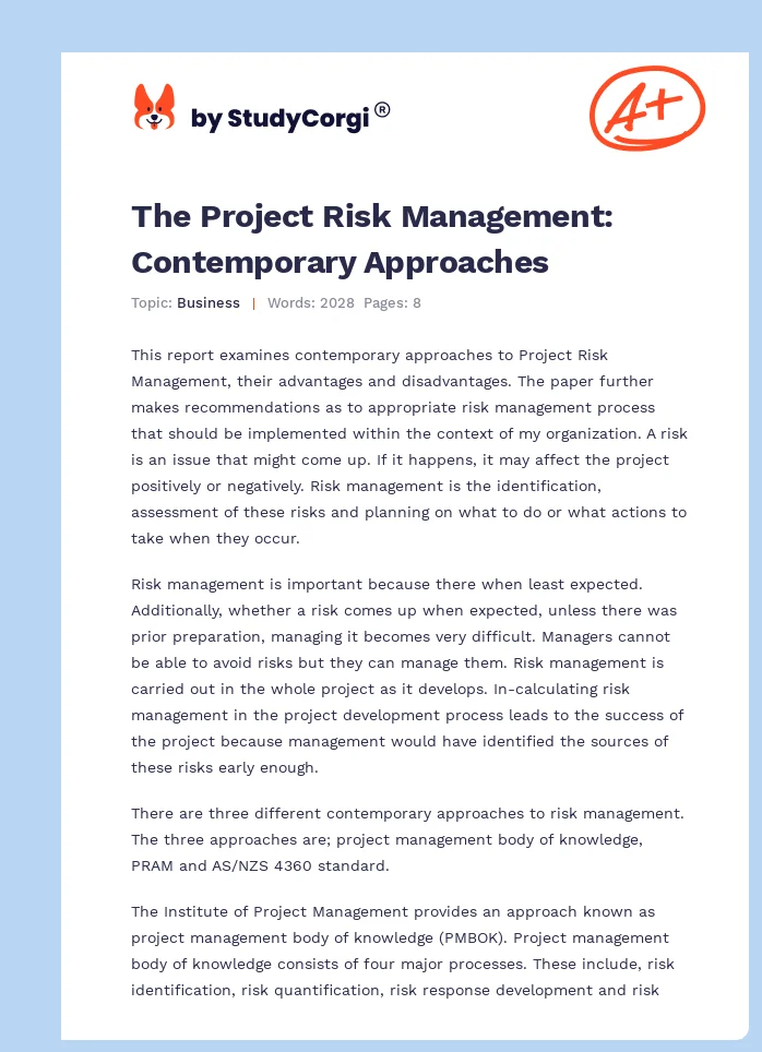 The Project Risk Management: Contemporary Approaches. Page 1