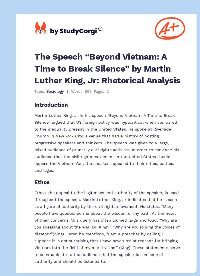 The Speech “Beyond Vietnam: A Time to Break Silence” by Martin Luther King, Jr: Rhetorical Analysis. Page 1