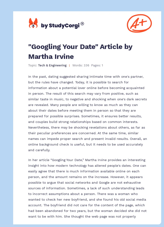 "Googling Your Date" Article by Martha Irvine. Page 1