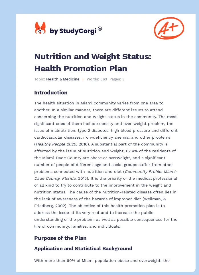 Nutrition and Weight Status: Health Promotion Plan. Page 1