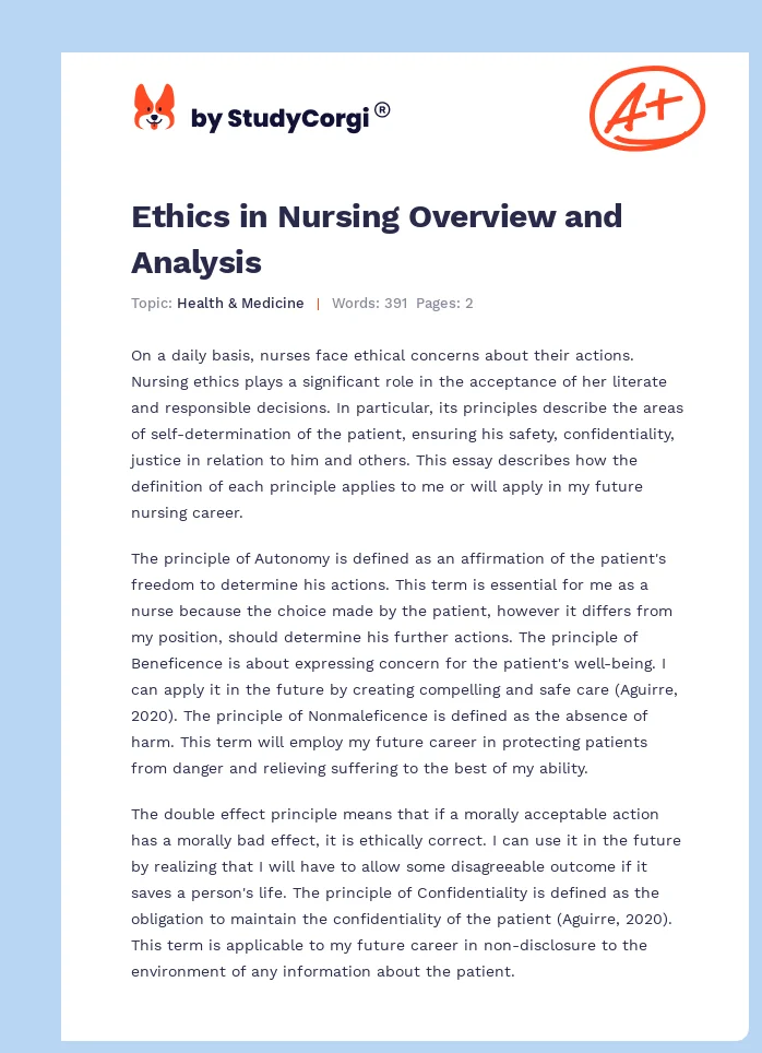 Ethics in Nursing Overview and Analysis. Page 1