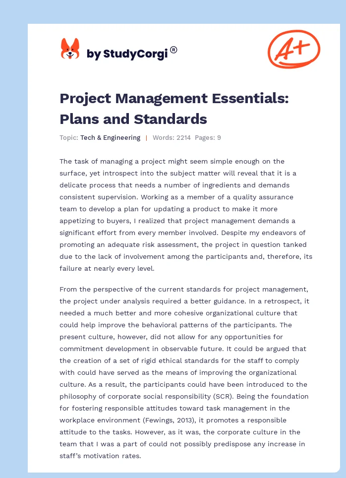 Project Management Essentials: Plans and Standards. Page 1