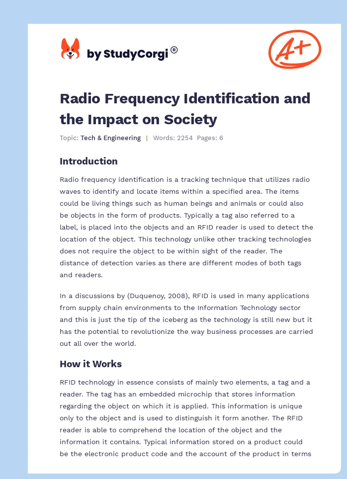 Radio Frequency Identification and the Impact on Society. Page 1