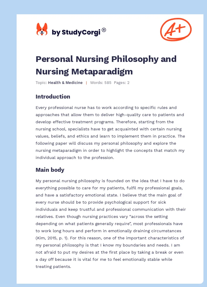 Personal Nursing Philosophy and Nursing Metaparadigm. Page 1
