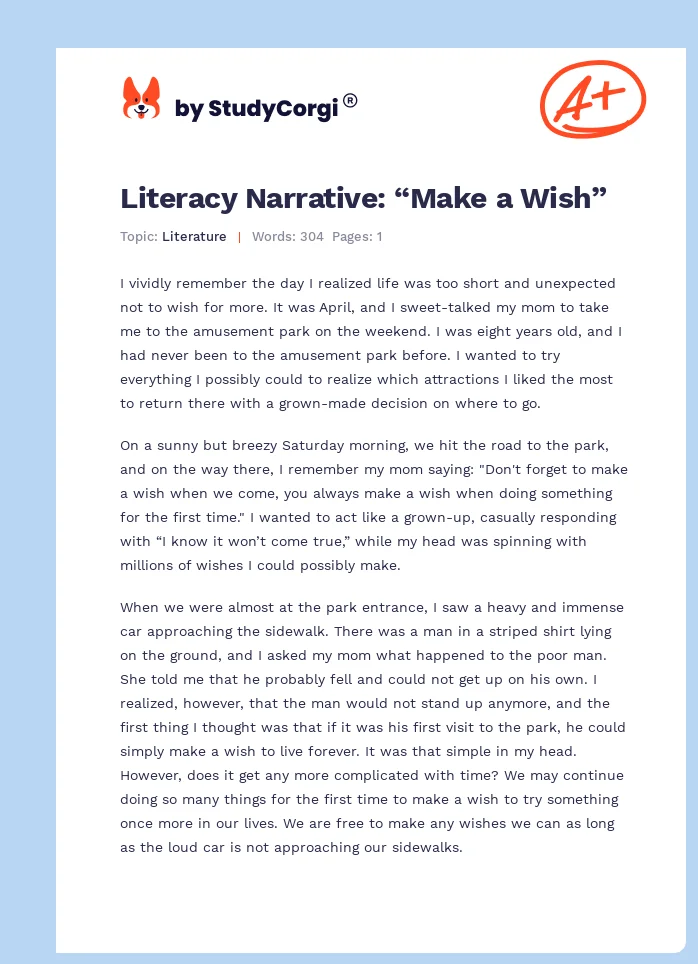 Literacy Narrative: “Make a Wish”. Page 1