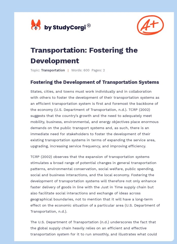 Transportation: Fostering the Development. Page 1