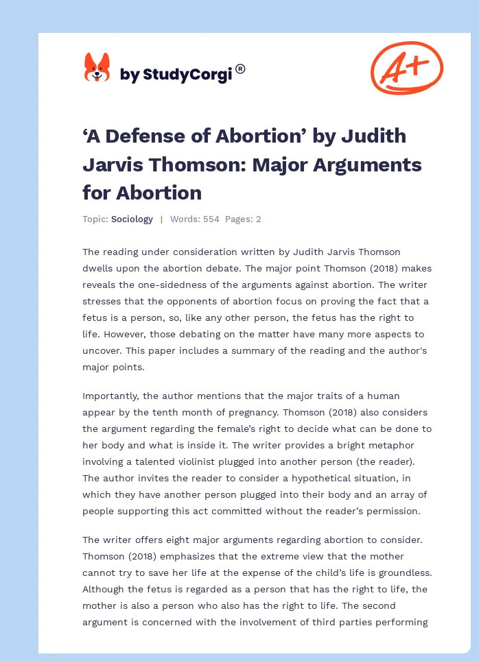 ‘A Defense of Abortion’ by Judith Jarvis Thomson: Major Arguments for Abortion. Page 1