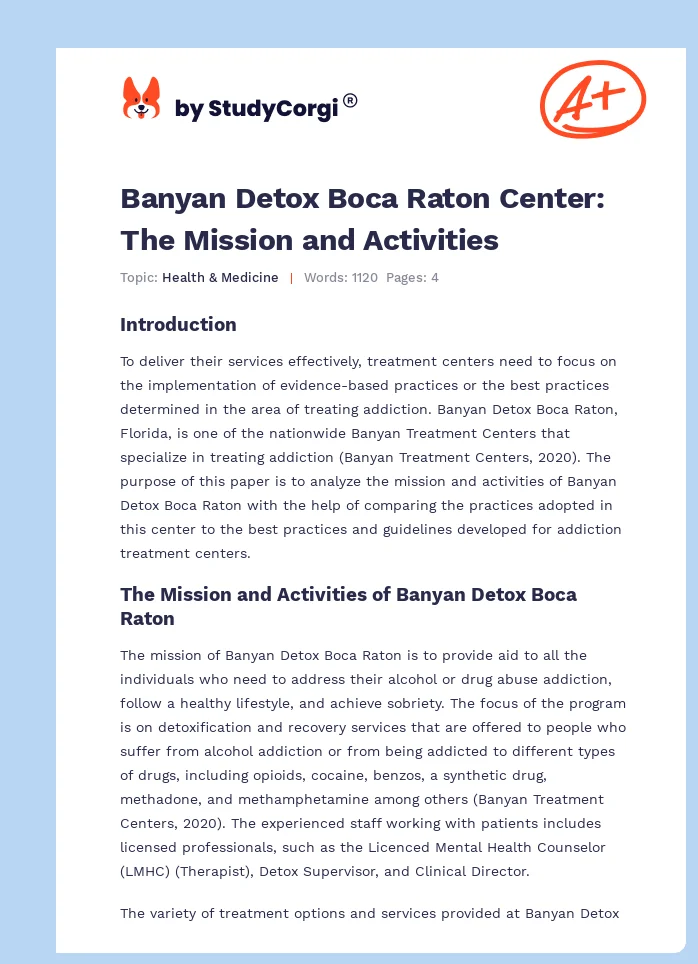 Banyan Detox Boca Raton Center: The Mission and Activities. Page 1