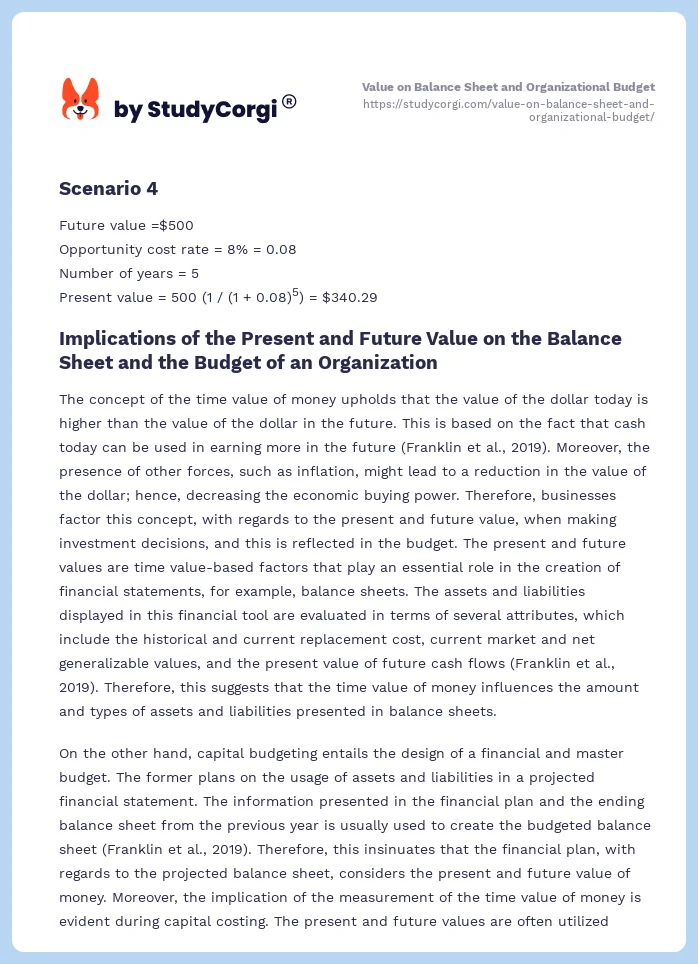 Value on Balance Sheet and Organizational Budget. Page 2